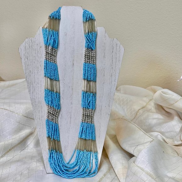 unbranded Jewelry - Vintage Native Blue Seed Bead Statement Necklace, Blue Beaded Necklace, Handmade